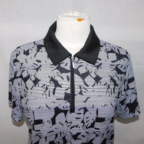 Coral Bay Womens PL Petite L Black White Striped Leaves Golf Polo Shirt 1/4 Zip - Picture 2 of 11